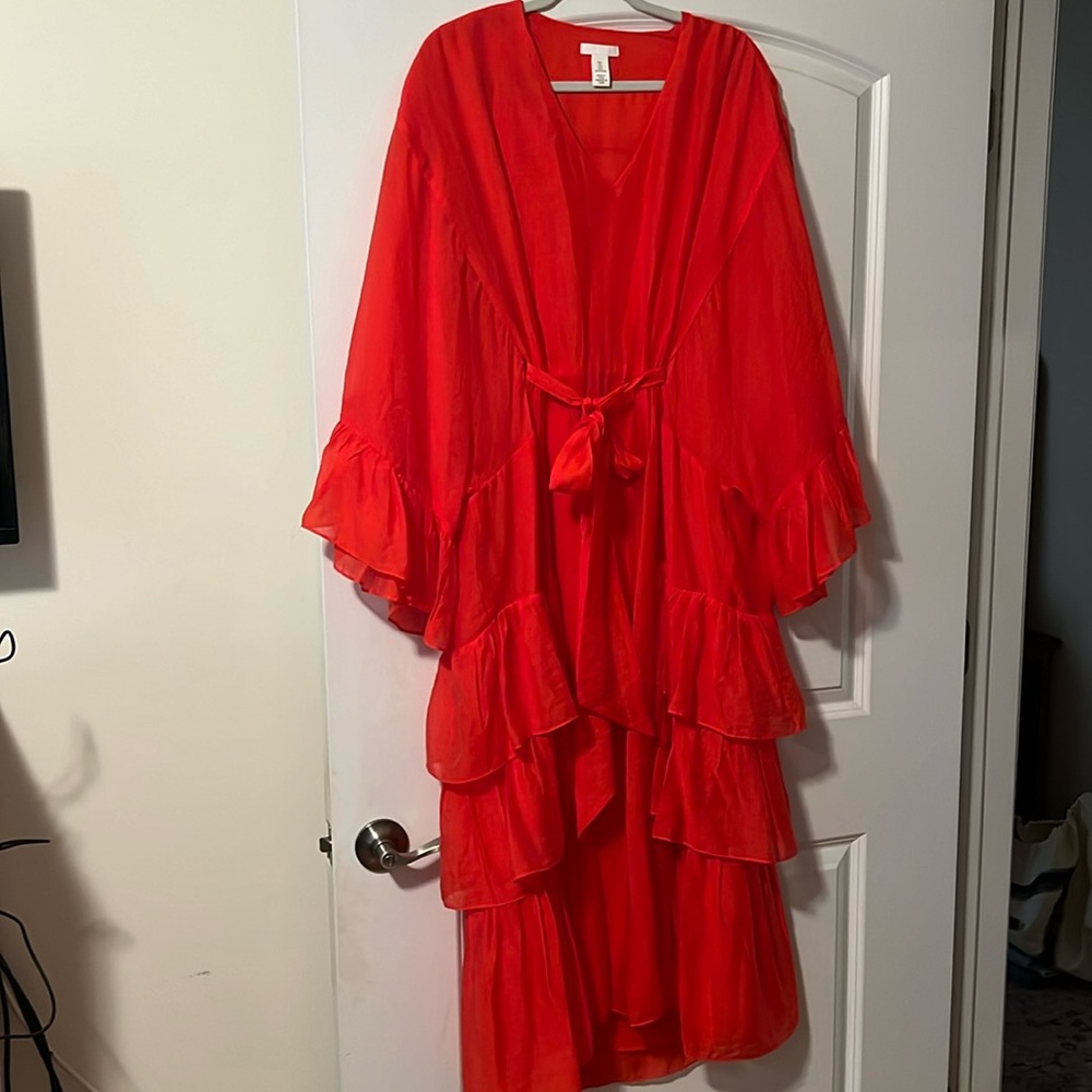 Red ruffled midi dress size large tie belt at waist